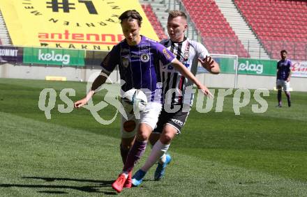 Fussball 2. Liga. SK Austria Klagenfurt gegen FC Juniors OOE. Alex Timossi Andersson,  (Klagenfurt), Mirsad Sulejmanovic (Juniors). Klagenfurt, am 9.5.2021.
Foto: Kuess
www.qspictures.net
---
pressefotos, pressefotografie, kuess, qs, qspictures, sport, bild, bilder, bilddatenbank