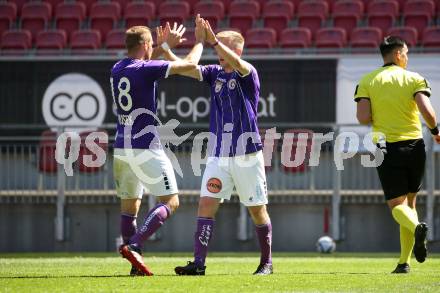 Fussball 2. Liga. SK Austria Klagenfurt gegen FC Juniors OOE.  Torjubel Markus Rusek, Christopher Cvetko (Klagenfurt). Klagenfurt, am 9.5.2021.
Foto: Kuess
www.qspictures.net
---
pressefotos, pressefotografie, kuess, qs, qspictures, sport, bild, bilder, bilddatenbank