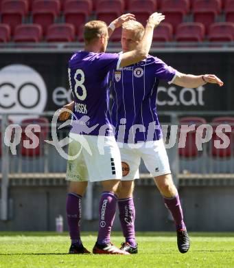 Fussball 2. Liga. SK Austria Klagenfurt gegen FC Juniors OOE.  Torjubel Markus Rusek, Christopher Cvetko (Klagenfurt). Klagenfurt, am 9.5.2021.
Foto: Kuess
www.qspictures.net
---
pressefotos, pressefotografie, kuess, qs, qspictures, sport, bild, bilder, bilddatenbank