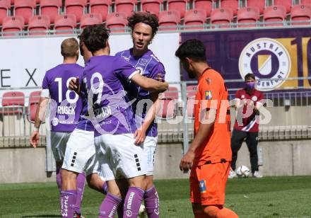 Fussball 2. Liga. SK Austria Klagenfurt gegen SV Horn. Torjubel  Simon Straudi, Alex Timossi Andersson  (Klagenfurt). Klagenfurt, am 16.5.2021.
Foto: Kuess
www.qspictures.net
---
pressefotos, pressefotografie, kuess, qs, qspictures, sport, bild, bilder, bilddatenbank