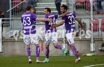 Fussball. Bundesliga Relegation. SK Austria Klagenfurt gegen St. Poelten.   Torjubel Ivan Saravanja, Philipp Huetter, Markus Pink (Klagenfurt). Klagenfurt, am 26.5.2021.
Foto: Kuess
www.qspictures.net
---
pressefotos, pressefotografie, kuess, qs, qspictures, sport, bild, bilder, bilddatenbank