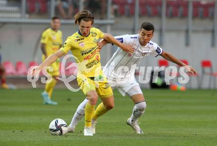 Fussball. Bundesliga. Trainingsspiel.  Austria Klagenfurt gegen SV Licht-Loidl Lafnitz. Agim Zeka  (Klagenfurt),  Florian Harald Prohart (Lafnitz). Klagenfurt, am 9.7.2021.
Foto: Kuess
www.qspictures.net
---
pressefotos, pressefotografie, kuess, qs, qspictures, sport, bild, bilder, bilddatenbank