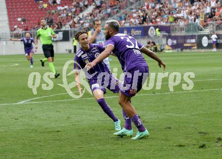 Fussball. Bundesliga. SK Austria Klagenfurt gegen WAC. Torjubel Markus Pink, Alex Timossi Andersson  (Klagenfurt). Klagenfurt, am 25.7.2021.
Foto: Kuess
www.qspictures.net
---
pressefotos, pressefotografie, kuess, qs, qspictures, sport, bild, bilder, bilddatenbank