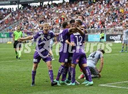 Fussball. Bundesliga. SK Austria Klagenfurt gegen WAC. Torjubel  Thorsten Mahrer,  Philipp Huetter, Christopher Brian Cvetko, Alex Timossi Andersson  (Klagenfurt). Klagenfurt, am 25.7.2021.
Foto: Kuess
www.qspictures.net
---
pressefotos, pressefotografie, kuess, qs, qspictures, sport, bild, bilder, bilddatenbank