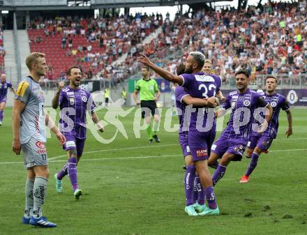 Fussball. Bundesliga. SK Austria Klagenfurt gegen WAC.  Torjubel Markus Pink, Alex Timossi Andersson, Philipp Huetter (Klagenfurt). Klagenfurt, am 25.7.2021.
Foto: Kuess
www.qspictures.net
---
pressefotos, pressefotografie, kuess, qs, qspictures, sport, bild, bilder, bilddatenbank