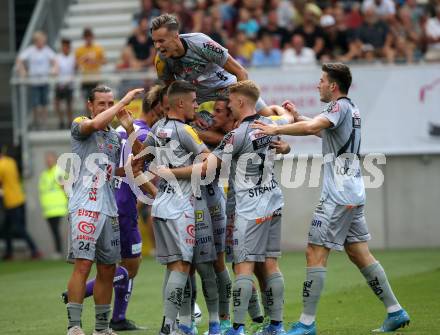 Fussball. Bundesliga. SK Austria Klagenfurt gegen WAC.  Torjubel Christopher Wernitznig, Darijo Pecirep, Michael Liendl, Kai Stratznig, Luka Lochoshvili, Amar Dedic (WAC). Klagenfurt, am 25.7.2021.
Foto: Kuess
www.qspictures.net
---
pressefotos, pressefotografie, kuess, qs, qspictures, sport, bild, bilder, bilddatenbank