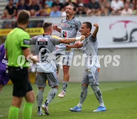 Fussball. Bundesliga. SK Austria Klagenfurt gegen WAC.  Torjubel Christopher Wernitznig, Darijo Pecirep, Michael Liendl (WAC). Klagenfurt, am 25.7.2021.
Foto: Kuess
www.qspictures.net
---
pressefotos, pressefotografie, kuess, qs, qspictures, sport, bild, bilder, bilddatenbank