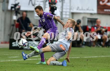 Fussball. Bundesliga. SK Austria Klagenfurt gegen WAC.  Philipp Huetter (Klagenfurt), Jonathan Scherzer (WAC). Klagenfurt, am 25.7.2021.
Foto: Kuess
www.qspictures.net
---
pressefotos, pressefotografie, kuess, qs, qspictures, sport, bild, bilder, bilddatenbank