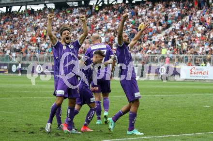 Fussball. Bundesliga. SK Austria Klagenfurt gegen WAC.  Torjubel Darijo Pecirep, Florian Rieder, Markus Pink (Klagenfurt). Klagenfurt, am 25.7.2021.
Foto: Kuess
www.qspictures.net
---
pressefotos, pressefotografie, kuess, qs, qspictures, sport, bild, bilder, bilddatenbank