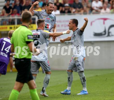 Fussball. Bundesliga. SK Austria Klagenfurt gegen WAC.  Torjubel Christopher Wernitznig, Darijo Pecirep, Michael Liendl (WAC). Klagenfurt, am 25.7.2021.
Foto: Kuess
www.qspictures.net
---
pressefotos, pressefotografie, kuess, qs, qspictures, sport, bild, bilder, bilddatenbank