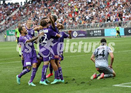 Fussball. Bundesliga. SK Austria Klagenfurt gegen WAC. Torjubel  Thorsten Mahrer,  Philipp Huetter, Christopher Brian Cvetko, Alex Timossi Andersson  (Klagenfurt). Klagenfurt, am 25.7.2021.
Foto: Kuess
www.qspictures.net
---
pressefotos, pressefotografie, kuess, qs, qspictures, sport, bild, bilder, bilddatenbank