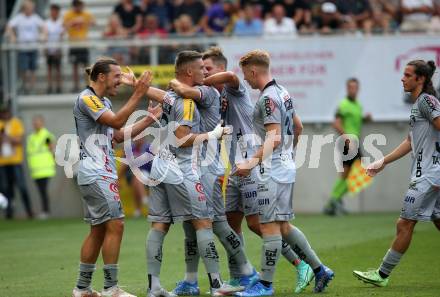 Fussball. Bundesliga. SK Austria Klagenfurt gegen WAC.   torjubel Christopher Wernitznig, Darijo Pecirep, Michael Liendl, Kai Stratznig (WAC). Klagenfurt, am 25.7.2021.
Foto: Kuess
www.qspictures.net
---
pressefotos, pressefotografie, kuess, qs, qspictures, sport, bild, bilder, bilddatenbank