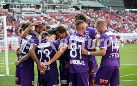 Fussball. Bundesliga. SK Austria Klagenfurt gegen TSV Hartberg.   Torjubel  Alex Timossi Andersson, Florian Rieder, Christopher Brian Cvetko, Markus Pink, Turgay Gemicibasi (Klagenfurt). Klagenfurt, am 7.8.2021.
Foto: Kuess
www.qspictures.net
---
pressefotos, pressefotografie, kuess, qs, qspictures, sport, bild, bilder, bilddatenbank