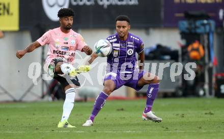 Fussball. Bundesliga. SK Austria Klagenfurt gegen TSV Hartberg.   Michael Blauensteiner, (Klagenfurt), Noel Niemann  (Hartberg). Klagenfurt, am 7.8.2021.
Foto: Kuess
www.qspictures.net
---
pressefotos, pressefotografie, kuess, qs, qspictures, sport, bild, bilder, bilddatenbank