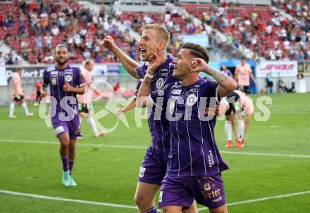 Fussball. Bundesliga. SK Austria Klagenfurt gegen TSV Hartberg.   Torjubel  Florian Rieder, Christopher Brian Cvetko (Klagenfurt). Klagenfurt, am 7.8.2021.
Foto: Kuess
www.qspictures.net
---
pressefotos, pressefotografie, kuess, qs, qspictures, sport, bild, bilder, bilddatenbank