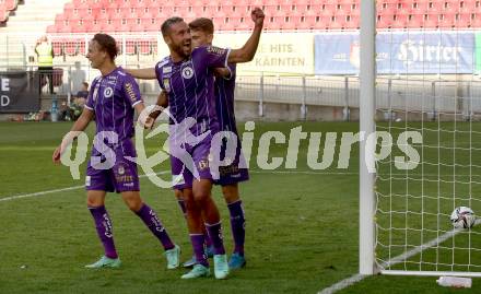 Fussball. Bundesliga. SK Austria Klagenfurt gegen TSV Hartberg.   Torjubel Alex Timossi Andersson, Tim Maciejewski, Markus Pink (Klagenfurt). Klagenfurt, am 7.8.2021.
Foto: Kuess
www.qspictures.net
---
pressefotos, pressefotografie, kuess, qs, qspictures, sport, bild, bilder, bilddatenbank