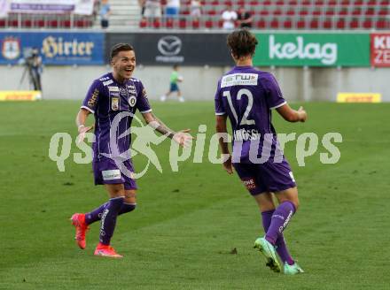 Fussball. Bundesliga. SK Austria Klagenfurt gegen TSV Hartberg.  Torjubel  Florian Rieder, Alex Timossi Andersson (Klagenfurt). Klagenfurt, am 7.8.2021.
Foto: Kuess
www.qspictures.net
---
pressefotos, pressefotografie, kuess, qs, qspictures, sport, bild, bilder, bilddatenbank