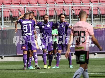 Fussball. Bundesliga. SK Austria Klagenfurt gegen TSV Hartberg.   Torjubel Markus Pink, Turgay Gemicibasi, Philipp Huetter, Alex Timossi Andersson (Klagenfurt). Klagenfurt, am 7.8.2021.
Foto: Kuess
www.qspictures.net
---
pressefotos, pressefotografie, kuess, qs, qspictures, sport, bild, bilder, bilddatenbank