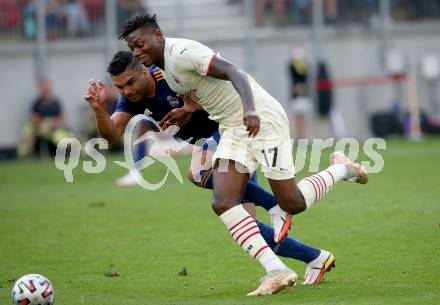 Fussball. Testspiel. Real Madrid gegen AC Milan. Carlos Henrique Casimiro,  (Real Madrid), Leao Rafael (AC Milan). Klagenfurt Woerthersee Stadion, am 8.8.2021.
Foto: Kuess
www.qspictures.net
---
pressefotos, pressefotografie, kuess, qs, qspictures, sport, bild, bilder, bilddatenbank