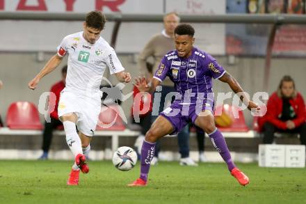 Fussball. Bundesliga. SK Austria Klagenfurt gegen WSG Tirol.  Michael Blauensteiner (Klagenfurt), Leon Klassen (Tirol). Klagenfurt, am 28.8.2021.
Foto: Kuess
www.qspictures.net
---
pressefotos, pressefotografie, kuess, qs, qspictures, sport, bild, bilder, bilddatenbank