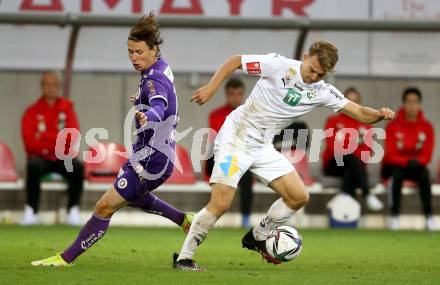 Fussball. Bundesliga. SK Austria Klagenfurt gegen WSG Tirol.  Alex Timossi Andersson (Klagenfurt), Valentino Mueller (Tirol). Klagenfurt, am 28.8.2021.
Foto: Kuess
www.qspictures.net
---
pressefotos, pressefotografie, kuess, qs, qspictures, sport, bild, bilder, bilddatenbank