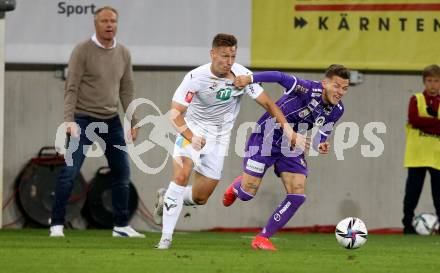 Fussball. Bundesliga. SK Austria Klagenfurt gegen WSG Tirol.  Florian Rieder (Klagenfurt), Mario Andric (Tirol). Klagenfurt, am 28.8.2021.
Foto: Kuess
www.qspictures.net
---
pressefotos, pressefotografie, kuess, qs, qspictures, sport, bild, bilder, bilddatenbank