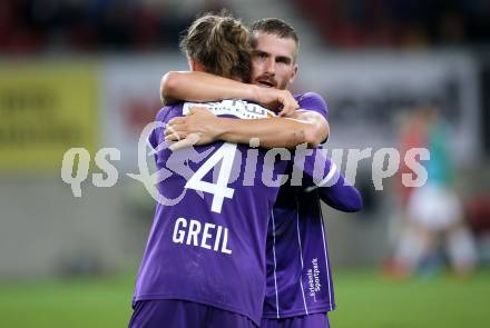 Fussball. Bundesliga. SK Austria Klagenfurt gegen WSG Tirol. Jubel    Turgay Gemicibasi, Patrick Greil (Klagenfurt). Klagenfurt, am 28.8.2021.
Foto: Kuess
www.qspictures.net
---
pressefotos, pressefotografie, kuess, qs, qspictures, sport, bild, bilder, bilddatenbank