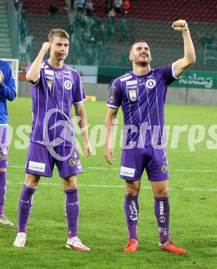 Fussball. Bundesliga. SK Austria Klagenfurt gegen WSG Tirol.  Jubel Tim Maciejewski, Turgay Gemicibasi (Klagenfurt). Klagenfurt, am 28.8.2021.
Foto: Kuess
www.qspictures.net
---
pressefotos, pressefotografie, kuess, qs, qspictures, sport, bild, bilder, bilddatenbank