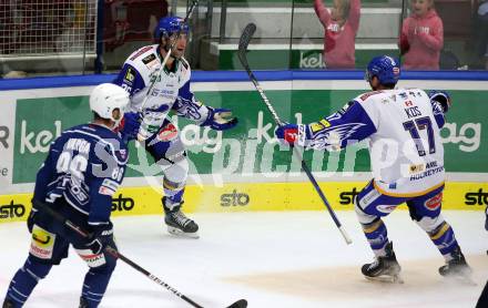 Eishockey Testspiel. EC Grand Immo VSV gegen HK Nitra.  Torjubel Joel Broda, Scott Kosmachuk (VSV). Villach, am 31.8.2021.
Foto: Kuess
www.qspictures.net
---
pressefotos, pressefotografie, kuess, qs, qspictures, sport, bild, bilder, bilddatenbank