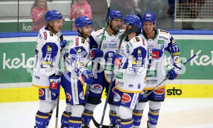 Eishockey Testspiel. EC Grand Immo VSV gegen HK Nitra. Torjubel Joel Broda, Scott Kosmachuk, Philipp Linder, John Hughes, Chris Collins  (VSV). Villach, am 31.8.2021.
Foto: Kuess
www.qspictures.net
---
pressefotos, pressefotografie, kuess, qs, qspictures, sport, bild, bilder, bilddatenbank