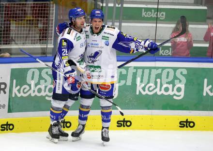 Eishockey Testspiel. EC Grand Immo VSV gegen HK Nitra.  Torjubel Joel Broda, Scott Kosmachuk, (VSV). Villach, am 31.8.2021.
Foto: Kuess
www.qspictures.net
---
pressefotos, pressefotografie, kuess, qs, qspictures, sport, bild, bilder, bilddatenbank