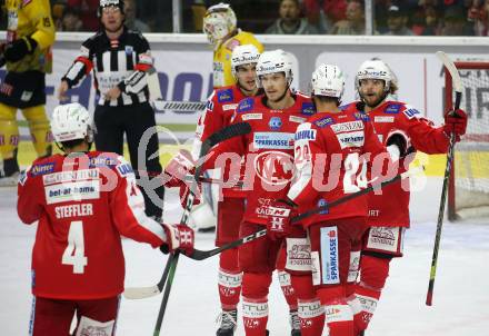 EBEL. Eishockey Bundesliga. KAC gegen	spusu Vienna Capitals. Torjubel Matthew Fraser, Lukas Haudum, Daniel Obersteiner, Steven Strong, Kele Steffler (KAC). Klagenfurt, am 17.9.2021.
Foto: Kuess
www.qspictures.net

---
pressefotos, pressefotografie, kuess, qs, qspictures, sport, bild, bilder, bilddatenbank