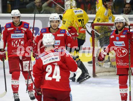 EBEL. Eishockey Bundesliga. KAC gegen	spusu Vienna Capitals. Torjubel Matthew Fraser, Lukas Haudum, Daniel Obersteiner, Steven Strong (KAC). Klagenfurt, am 17.9.2021.
Foto: Kuess
www.qspictures.net

---
pressefotos, pressefotografie, kuess, qs, qspictures, sport, bild, bilder, bilddatenbank