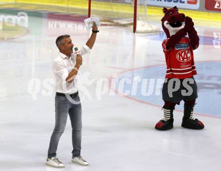 EBEL. Eishockey Bundesliga. KAC gegen	spusu Vienna Capitals. Joschi Peharz, Maskottchen (KAC). Klagenfurt, am 17.9.2021.
Foto: Kuess
www.qspictures.net

---
pressefotos, pressefotografie, kuess, qs, qspictures, sport, bild, bilder, bilddatenbank