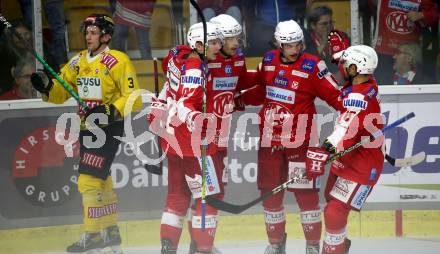 EBEL. Eishockey Bundesliga. KAC gegen	spusu Vienna Capitals. Torjubel Clemens Unterweger, Matthew Fraser, Lukas Haudum, Thomas Koch,  (KAC). Klagenfurt, am 17.9.2021.
Foto: Kuess
www.qspictures.net

---
pressefotos, pressefotografie, kuess, qs, qspictures, sport, bild, bilder, bilddatenbank