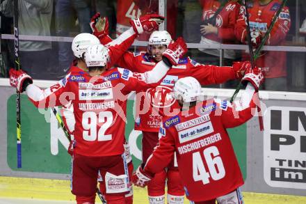 EBEL. Eishockey Bundesliga. KAC gegen	spusu Vienna Capitals. Torjubel Dennis Sticha, Clemens Unterweger, Johannes Bischofberger (KAC). Klagenfurt, am 17.9.2021.
Foto: Kuess
www.qspictures.net

---
pressefotos, pressefotografie, kuess, qs, qspictures, sport, bild, bilder, bilddatenbank