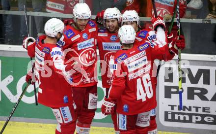 EBEL. Eishockey Bundesliga. KAC gegen	spusu Vienna Capitals. Torjubel Dennis Sticha, Clemens Unterweger, Johannes Bischofberger, Thomas Hundertpfund, Philip Bruggisser (KAC). Klagenfurt, am 17.9.2021.
Foto: Kuess
www.qspictures.net

---
pressefotos, pressefotografie, kuess, qs, qspictures, sport, bild, bilder, bilddatenbank