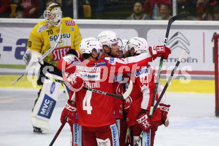 EBEL. Eishockey Bundesliga. KAC gegen	spusu Vienna Capitals. Torjubel Matthew Fraser, Lukas Haudum, Daniel Obersteiner, Steven Strong, Kele Steffler (KAC). Klagenfurt, am 17.9.2021.
Foto: Kuess
www.qspictures.net

---
pressefotos, pressefotografie, kuess, qs, qspictures, sport, bild, bilder, bilddatenbank