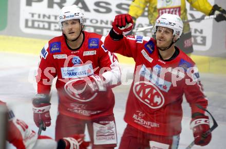 EBEL. Eishockey Bundesliga. KAC gegen	spusu Vienna Capitals. Torjubel Manuel Geier, Stefan Geier (KAC). Klagenfurt, am 17.9.2021.
Foto: Kuess
www.qspictures.net

---
pressefotos, pressefotografie, kuess, qs, qspictures, sport, bild, bilder, bilddatenbank