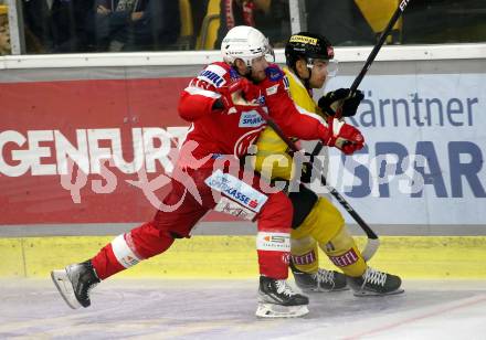 EBEL. Eishockey Bundesliga. KAC gegen	spusu Vienna Capitals.  Johannes Bischofberger,  (KAC),  Sascha Bauer (Vienna Capitals). Klagenfurt, am 17.9.2021.
Foto: Kuess
www.qspictures.net

---
pressefotos, pressefotografie, kuess, qs, qspictures, sport, bild, bilder, bilddatenbank