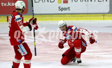 EBEL. Eishockey Bundesliga. KAC gegen	HC TIWAG Innsbruck. Torjubel Clemens Unterweger, Nicholas Eric Petersen (KAC). Klagenfurt, am 18.9.2021.
Foto: Kuess
www.qspictures.net

---
pressefotos, pressefotografie, kuess, qs, qspictures, sport, bild, bilder, bilddatenbank