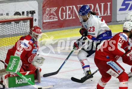 EBEL. Eishockey Bundesliga. KAC gegen	HC TIWAG Innsbruck. Sebastian Dahm, (KAC), Timothy McGauley   (Innsbruck). Klagenfurt, am 18.9.2021.
Foto: Kuess
www.qspictures.net

---
pressefotos, pressefotografie, kuess, qs, qspictures, sport, bild, bilder, bilddatenbank