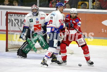 EBEL. Eishockey Bundesliga. KAC gegen	HC TIWAG Innsbruck. Daniel Obersteiner, (KAC), Joel Messner, Rene Swette   (Innsbruck). Klagenfurt, am 18.9.2021.
Foto: Kuess
www.qspictures.net

---
pressefotos, pressefotografie, kuess, qs, qspictures, sport, bild, bilder, bilddatenbank