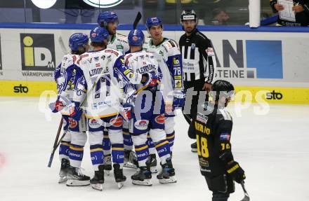 EBEL. Eishockey Bundesliga. VSV gegen HC Pustertal Woelfe.  Torjubel Yannic Pilloni, Philipp Lindner, Maximilian Rebernig, Felix Maxa, Brett Flemming (VSV). Villach, am 24.9.2021.
Foto: Kuess
www.qspictures.net
---
pressefotos, pressefotografie, kuess, qs, qspictures, sport, bild, bilder, bilddatenbank