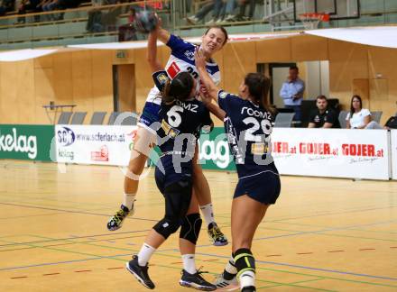 Handball. Bundesliga. Frauen.  	SC witasek Ferlach/Feldkirchen gegen roomz JAGS WV. Prevendar Dorotea   (Ferlach),   Eichhorn Barbara, Novak Sophie  (roomz JAGS WV). Ferlach, 25.9.2021.
Foto: Kuess
---
pressefotos, pressefotografie, kuess, qs, qspictures, sport, bild, bilder, bilddatenbank