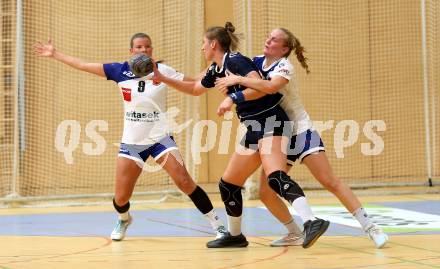 Handball. Bundesliga. Frauen.  	SC witasek Ferlach/Feldkirchen gegen roomz JAGS WV.   Wutte Anna Maria, Fister Petra (Ferlach),   Kaiser Viktoria (roomz JAGS WV). Ferlach, 25.9.2021.
Foto: Kuess
---
pressefotos, pressefotografie, kuess, qs, qspictures, sport, bild, bilder, bilddatenbank