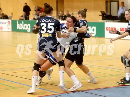 Handball. Bundesliga. Frauen.  	SC witasek Ferlach/Feldkirchen gegen roomz JAGS WV.   Voncina Luna (Ferlach),  Prokop Marie, Goerg Carina  (roomz JAGS WV). Ferlach, 25.9.2021.
Foto: Kuess
---
pressefotos, pressefotografie, kuess, qs, qspictures, sport, bild, bilder, bilddatenbank