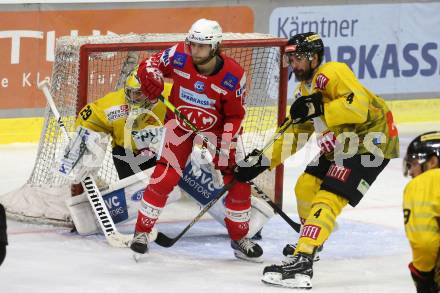 EBEL. Eishockey Bundesliga. KAC gegen	spusu Vienna Capitals. Daniel Obersteiner, (KAC), Philippe Lakos, Bernhard Starkbaum   (Vienna Capitals). Klagenfurt, am 1.10.2021.
Foto: Kuess
www.qspictures.net

---
pressefotos, pressefotografie, kuess, qs, qspictures, sport, bild, bilder, bilddatenbank