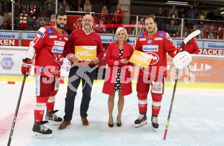 EBEL. Eishockey Bundesliga. KAC gegen	spusu Vienna Capitals. Spieler des Abends. Steven Strong, Manuel Geier (KAC). Klagenfurt, am 1.10.2021.
Foto: Kuess
www.qspictures.net

---
pressefotos, pressefotografie, kuess, qs, qspictures, sport, bild, bilder, bilddatenbank