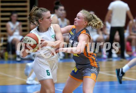 Basketball Damen Superliga 2021/2022. Grunddurchgang 1. Runde.  KOS Celovec Damen gegen BK Duchess Klosterneuburg. Monika Ristic  (KOS),  Matzka Victoria (Klosterneuburg). Klagenfurt, am 2.10.2021.
Foto: Kuess
www.qspictures.net
---
pressefotos, pressefotografie, kuess, qs, qspictures, sport, bild, bilder, bilddatenbank